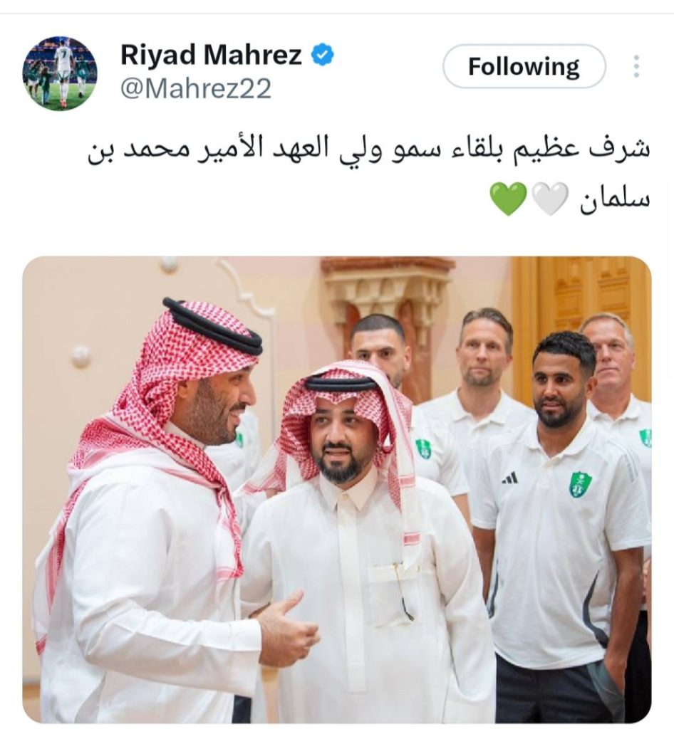 ولي العهد الأمير محمد بن سلمان يلتقي النجم رياض محرز في إطار تعزيز العلاقات الرياضية